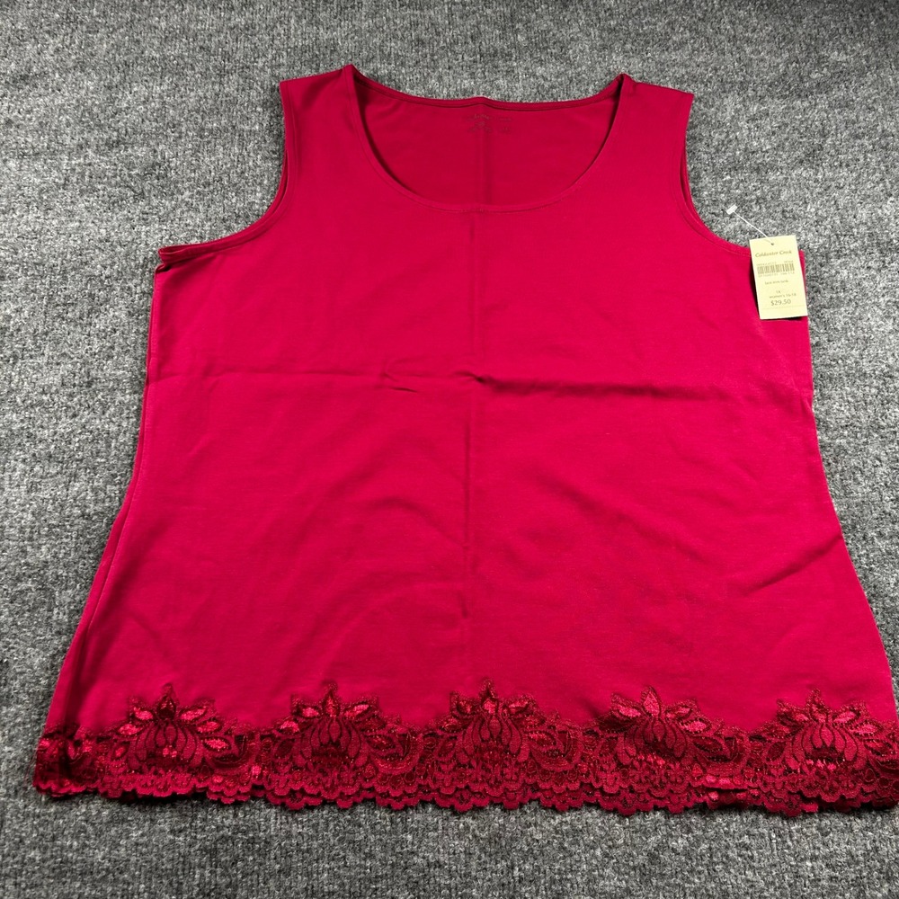Coldwater Creek Red Lace Trim Tank Top Scoop Neck Sleeveless 1X Cotton Blend